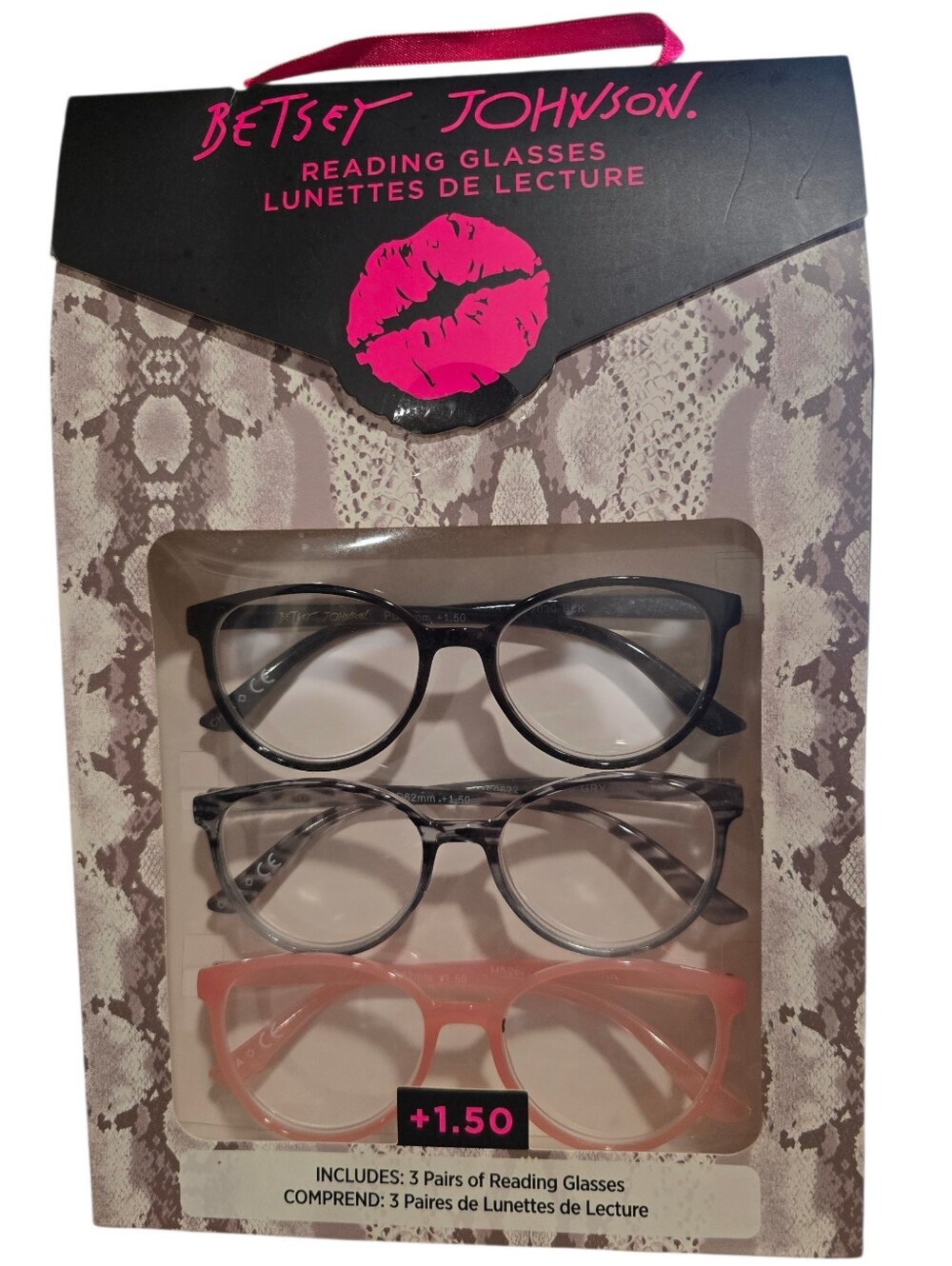Betsey Johnson 3-Pair Reading Glasses Set - Black, Gray, Pink NWOT